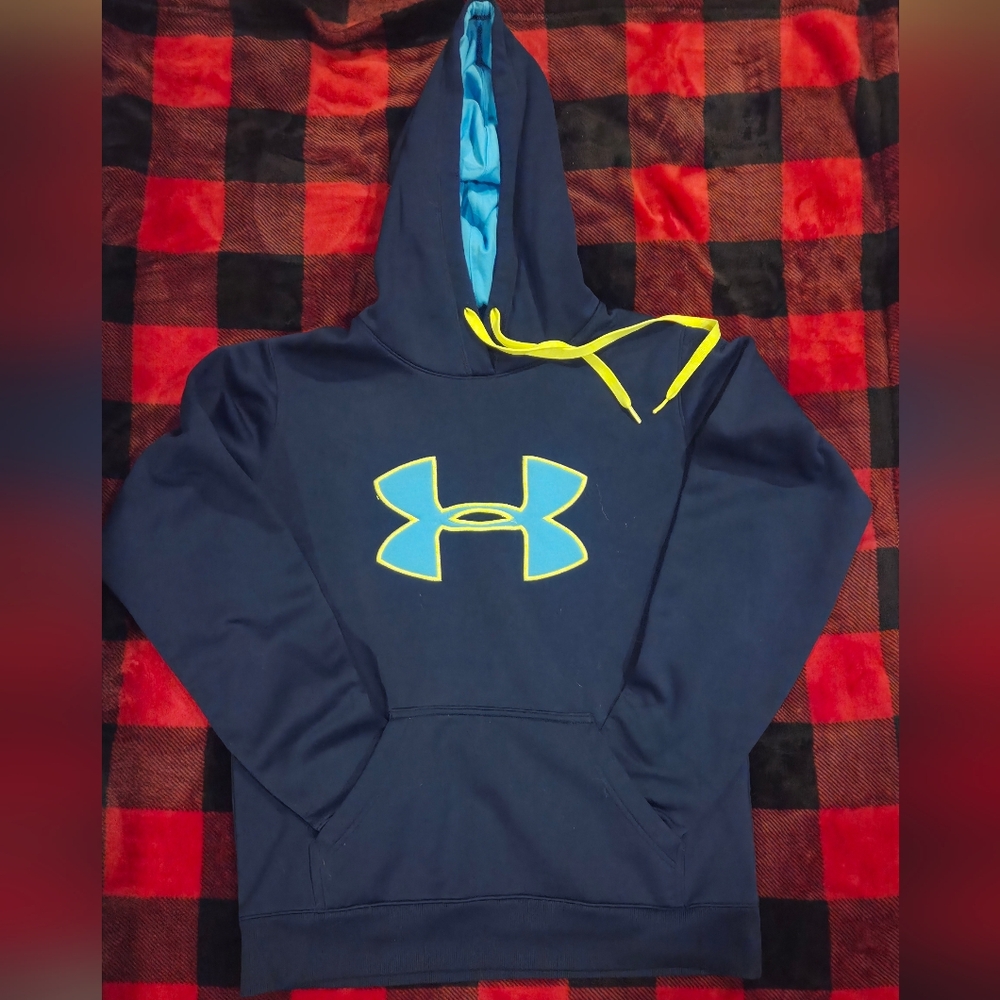 Under Armour Dark Blue Hoodie with Yellow & Baby Blue Accents Sz. Sm/p